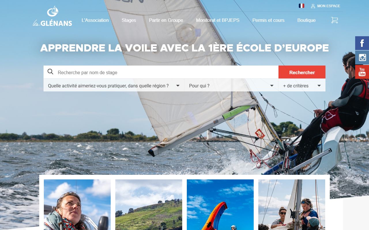 Page d'accueil des Glénans : « Apprendre la voile avec la 1ère école d'Europe », moteur de recherche de stages par activité et région, menu Stages, Monitorat et BPJEPS, Permis et cours